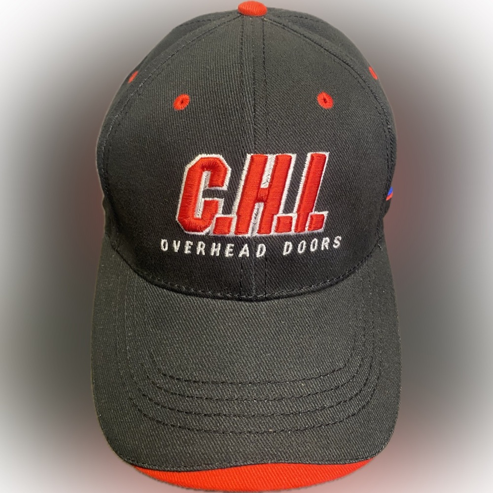 C.H.I. Overhead Doors Adult Hat Cap Black And Red Adjustable Strap USA